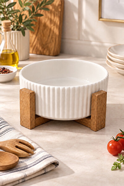 YzHome Porcelain Serving Presentation Plate with Wooden Stand, Serving Bowl