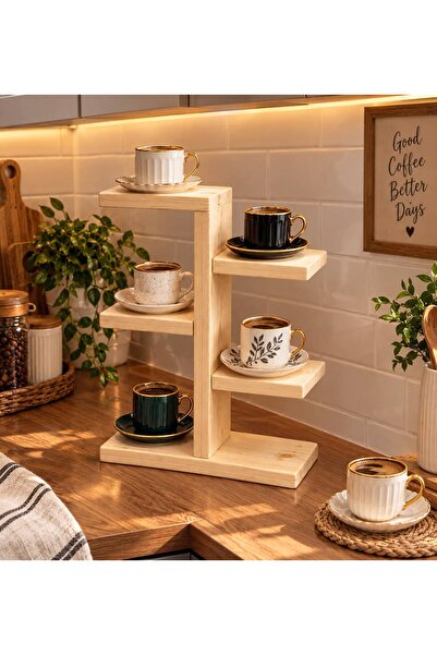 TAHTALI HOME Doğal Ahşap Çok Amaçlı Tezgah Üstü Raflı Organizer - Kupa Ve Min...