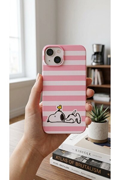 NS Case iPhone 13 / 14 Uyumlu Snoopy Desenli Beyaz Çizgili Soft Touch Silikon...
