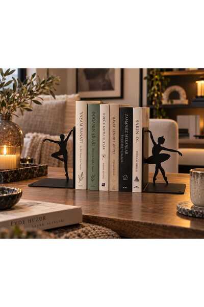 Balerin Figürlü Metal Kitap Tutucu 2'li Set – Dekoratif Siyah Kitap Desteği