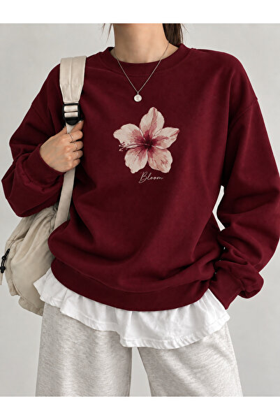 SANTAMİLA Burgundy Lily Print Cycling Oversize Sweatshirt