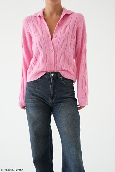 Lupies Women's Pink High-Neck Knitted Buttoned Knitwear Cardigan
