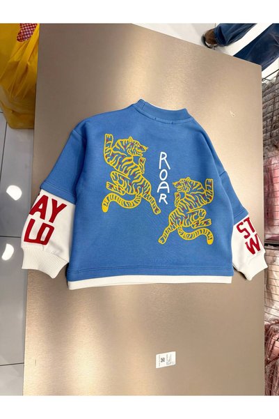 hety Boy's Blue Oversize Sweatshirt with Tiger Embroidery