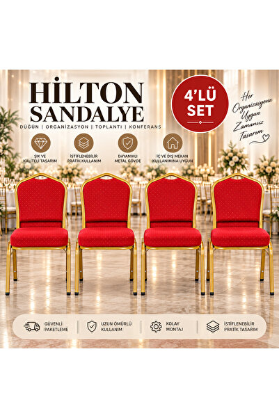 adak 4’lü Hilton Banket Sandalye Seti Gold Metal Ayaklı Döşemeli Düğün Konfer...