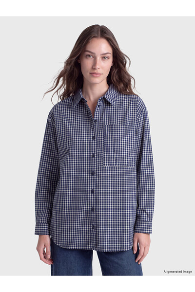LC Waikiki Vizyon New Season Navy Blue Plaid Oversize Women's Shirt