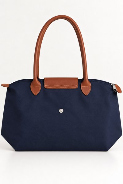 FEG STORE Folding Zippered Large Size Women's Navy Blue Hand and Shoulder Bag