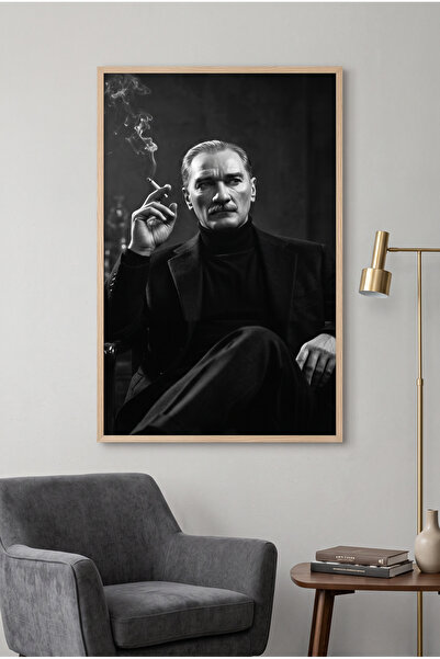 Doğal Ahşap Çerçeveli Siyah Beyaz Portre Atatürk Duvar Tablosu Tekli Set Klasik Portre Desenli Modern Dekorasyon Kabartma Görünümlüdür