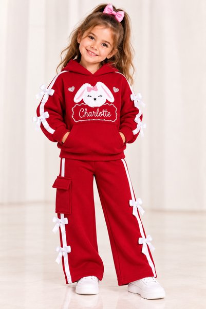 HELMİRA Girl's 3 Yarn Fabric Hooded Tracksuit Set - Rabbit Embroidered Kangar...