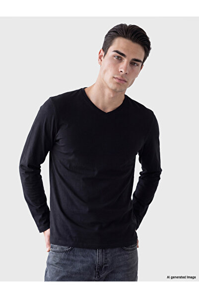 LC Waikiki Vizyon New Season Black V-Neck Cotton Men's Undershirt