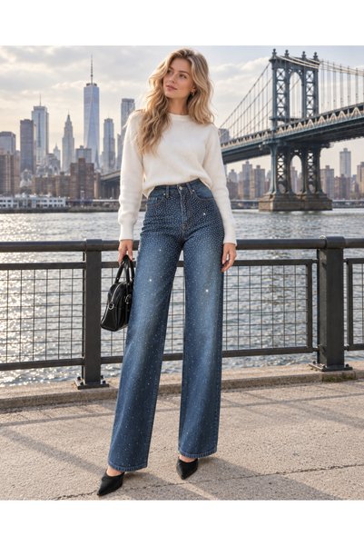 Swet Shop Jeans Women's Blue Stone-Detail Wide-Leg Pants