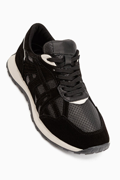Limoya Wendy Genuine Leather Black Suede Mesh Detailed Lace-Up Women's Sneaker