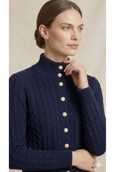 LEA Women's Navy Blue High Neck Hair Knit Pearl Buttoned Knitwear Cardigan