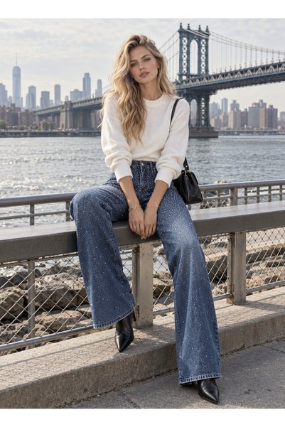 Swet Shop Jeans Women's Blue Stone-Detail Wide-Leg Pants