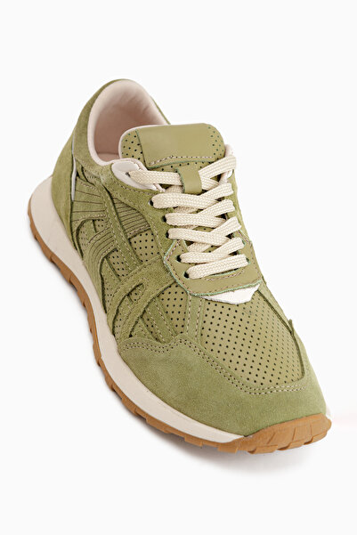 Limoya Wendy Genuine Leather Green Suede Mesh Detailed Lace-Up Women's Sneaker