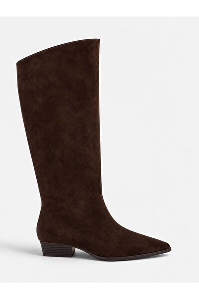 LDR Damen-Stiefel aus braunem Wildleder mit asymmetrischem Schnitt, kurzem Ab...