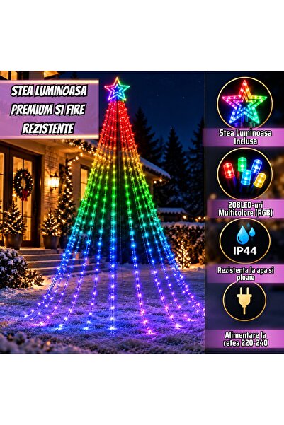 Infiniteea ™   Instalație de Crăciun 208 LED-uri Multicolor RGB cu vârf în formă de stea, înălțime 2m, format perdea conică, impermeabil IP44 pentru interior și exterior, 8 moduri de iluminare, cablu rezistent din PVC, alimentare la rețea, decorativ.