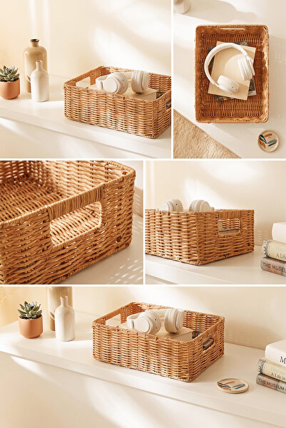 Ocean Home Textile Yıkanabilir Bej PP Rattan Dolap İçi Çamaşır Çocuk Odası Oyuncak Düzenleyici Saklama Sepeti Organizer 36x26x12