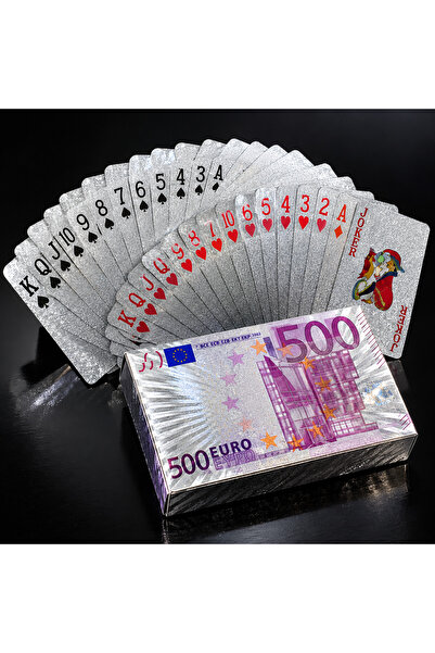 FG KONNİCHİWA 500 Euro Desenli Gümüş Renk İskambil Kartları – 54 Kart Oyun De...