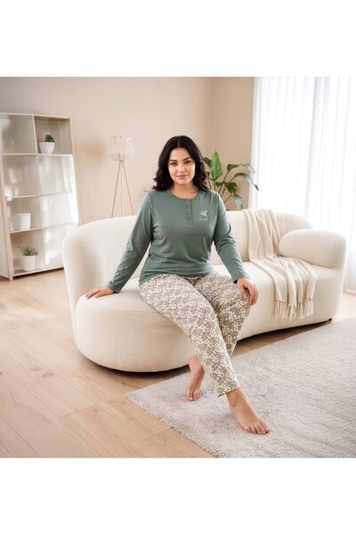 REN طقم بيجامة نسائي أخضر 100% قطن من قماش توك مع ياقة وأزرار، مقاس كبير، تصم...
