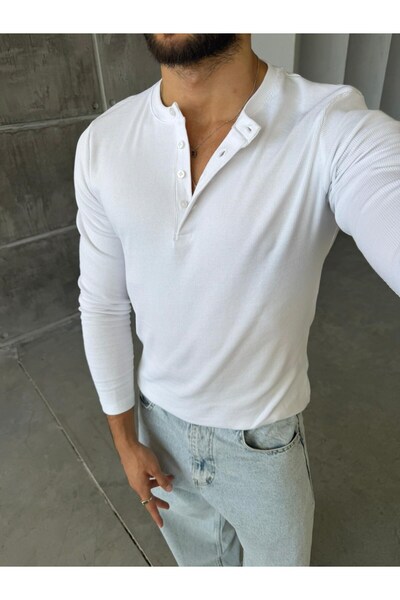 FO4RBS Henley Yaka Fitilli Uzun Kol M - BEYAZ