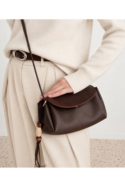 GTG Dark Brown Women's Mini Shoulder Bag with Beads and Tassel Detail, Flap Cover, Daily Crossbody Bag
