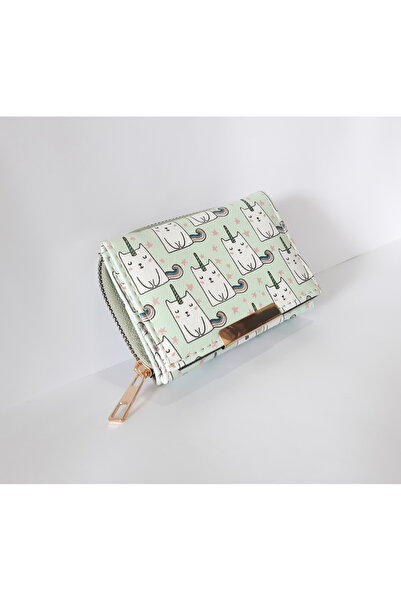 renkli çiçekler Çocuk Cüzdan 11x8x4 CM Yeşil Renk Kedi Desenli Çocuk Cüzdanı