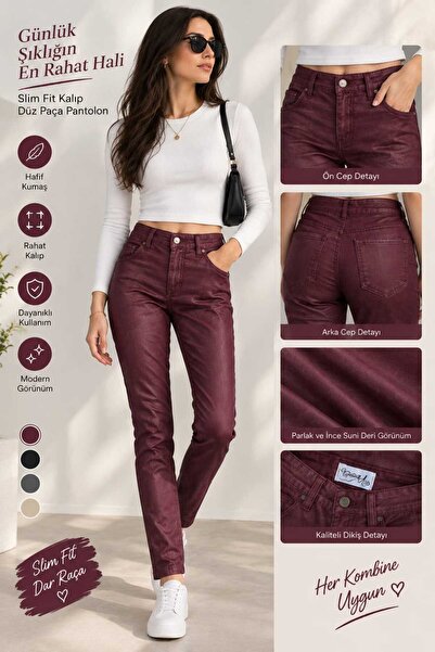 Genel Markalar Kadın Bordo Slim Fit İnce Suni Deri Görünümlü Pantolon