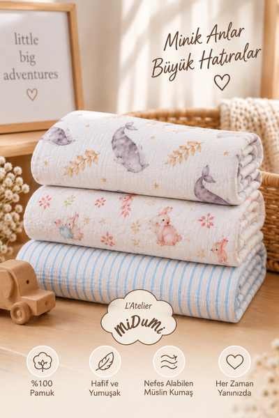 L' Atelier MiDuMi Bebek, Unisex, %100 Pamuk, Çizgili, Balina ve Tavşan Desenl...