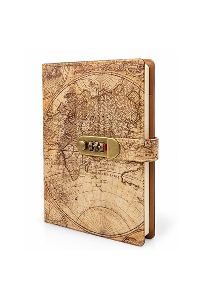 Generic Brand Antique World Map Patterned Notebook with Combination Lock Nostalgic Souvenir Agenda Diary