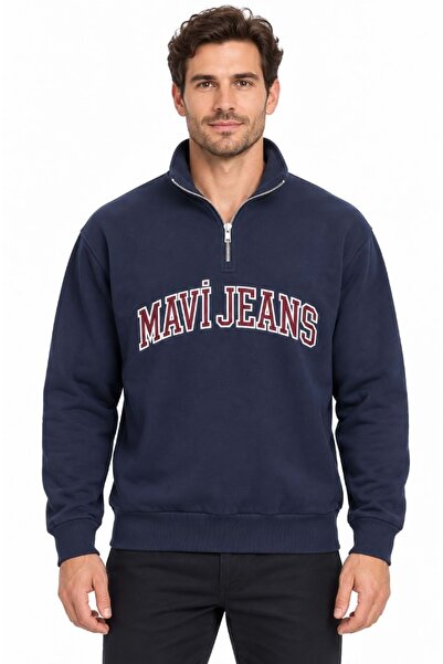 Mavi M0S20113 Jeans Logo Nakışlı Yarım Fermuarlı Erkek Sweatshirt LACİVERT