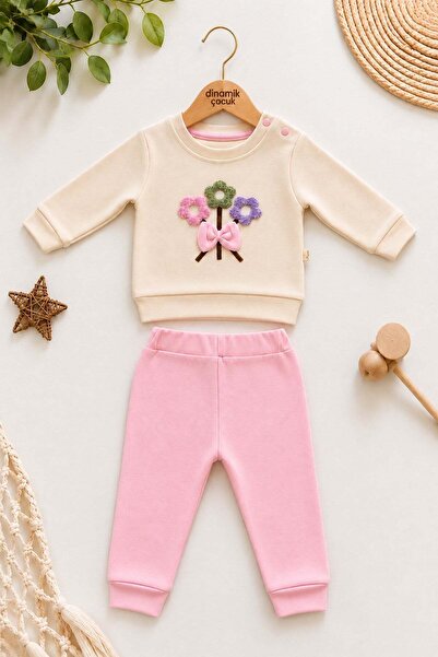 dinamik çocuk Kız Bebek Çiçek Nakışlı Fiyonklu Uzun Kollu Sweatshirt Eşofman ...