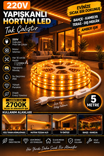 LED PAZARI 5 METRE 220V TAK ÇALIŞTIR YAPIŞKANLI HORTUM LED –. AMBER– SU GEÇİR...