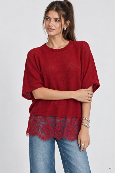 Lovelyİstanbul Dantelli Mevsimlik Oversize Triko Bluz 4421 LKİ0074 KIRMIZI