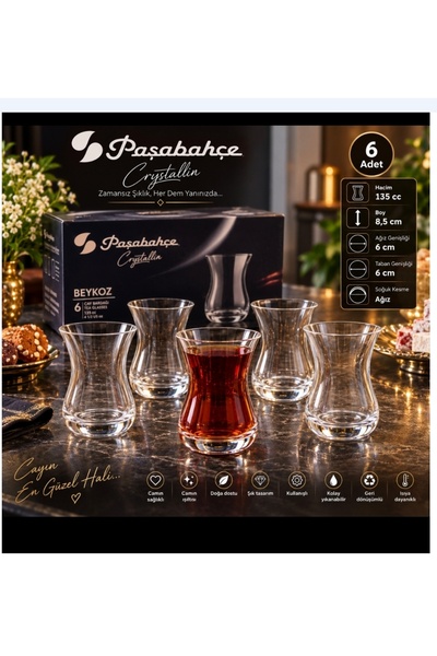 Paşabahçe crıstalın soğuk kesme Beykoz çay bardagı 135 cc hacim 8.5 cm boyu 6...