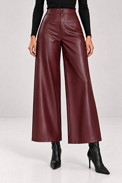 Grenj Fashion Bordo Bilek Boy Yüksek Bel Wide Leg Suni Deri Pantolon