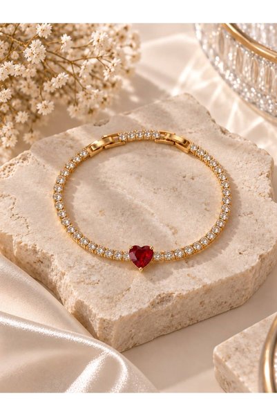 Simovia Kırmızı Renkli Kalpli Zirkon Taşlı Su Yolu Gold Bileklik