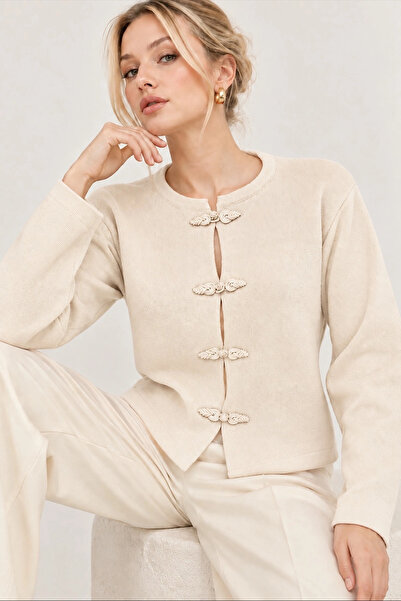 Lusin Women's Ecru Special Design Authentic Button Detailed Crew Neck Knitwea...