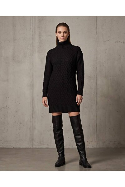 Trend Kapında Women's Turtleneck Knitted Patterned Knitwear Tunic Dress