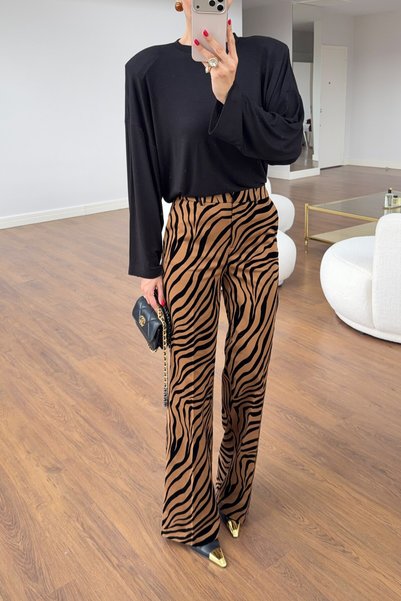 HAZELANNA Zebra Desenli Taba Renk Dokulu Düz Kesim Pantolon