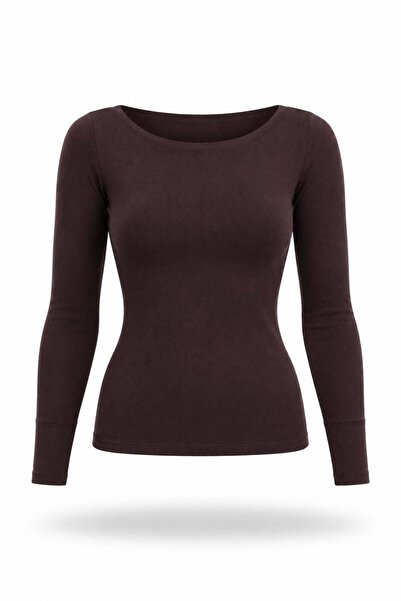 5in1Canpolat Brown Boat Neck Long Sleeve T-Shirt 2517