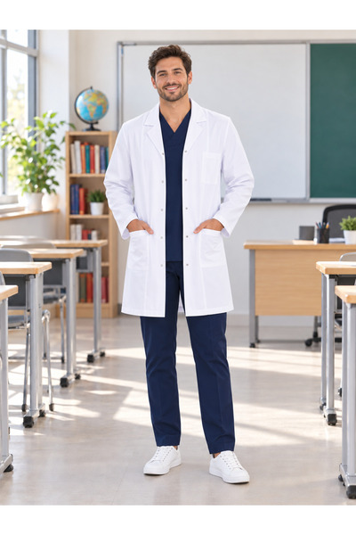 ÇİL TEKSTİL Beyaz, uzun kollu, çıtçıtlı ve cepli öğretmen önlüğünü