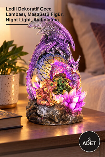 Yenilig 3 Adet Dragon Ailesi – Ledli Dekoratif Gece Lambası, Masaüstü Figür, Night Light, Aydınlatma