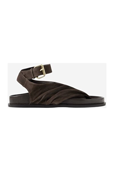 A Emery Mantei Ruched Suede and Leather Sandals