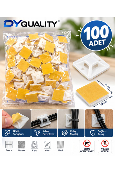 100 Adet Yapışkanlı Kablo Kroşesi - Delmeden Montaj Kablo Sabitleme ve Düzenleme Aparatı