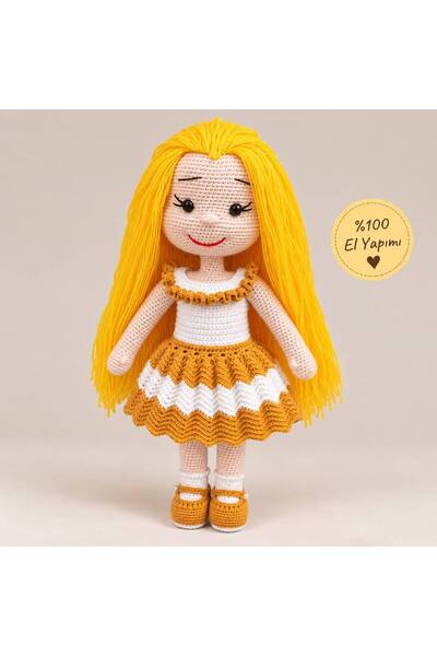 El Yapımı Amigurumi Kız Bebek Örgü Oyuncak-Sarı Saçlı
