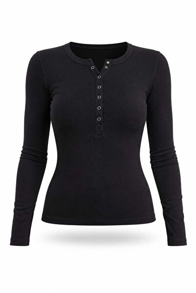 5in1Canpolat Black Snap Fastener Long Sleeve T-Shirt 2680