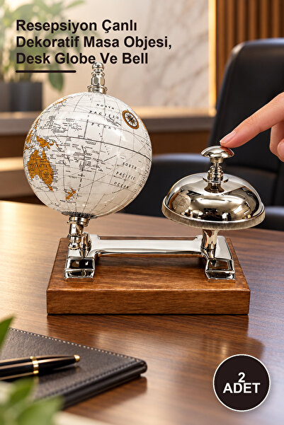 Yenilig 2 Adet Masa Üstü Dünya Küre – Resepsiyon Çanlı Dekoratif Masa Objesi, Desk Globe Ve Bell