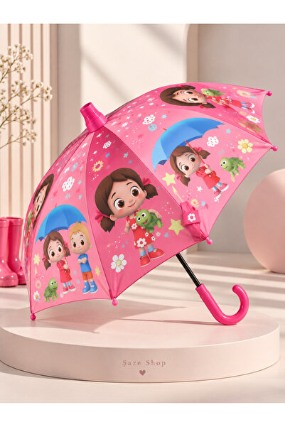 SAZE Şaze Shop Kız Çocuk Şemsiyesi Pembe Neşeli Dostlar Desenli Hafif ve Daya...