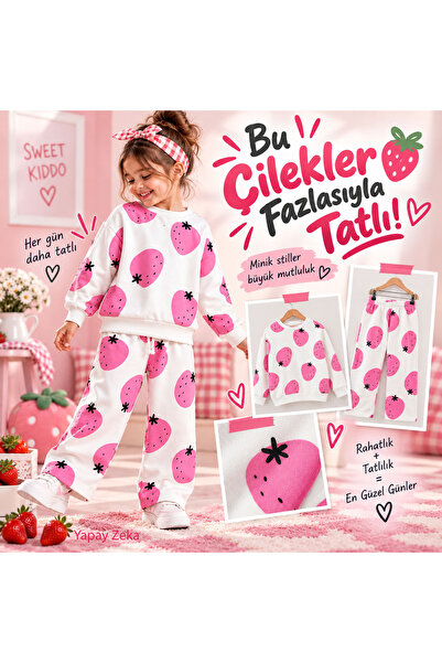LUCCO Çilek Desenli Kız Çocuk 2'li Sweatshirt Takım