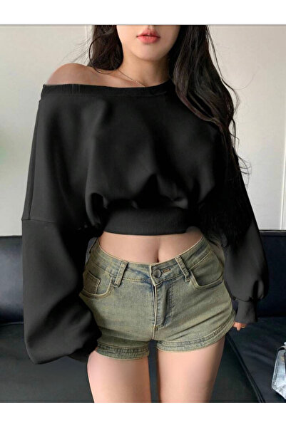 poswicon Schwarzes, locker sitzendes Damen-Sweatshirt mit einfarbigem, asymme...